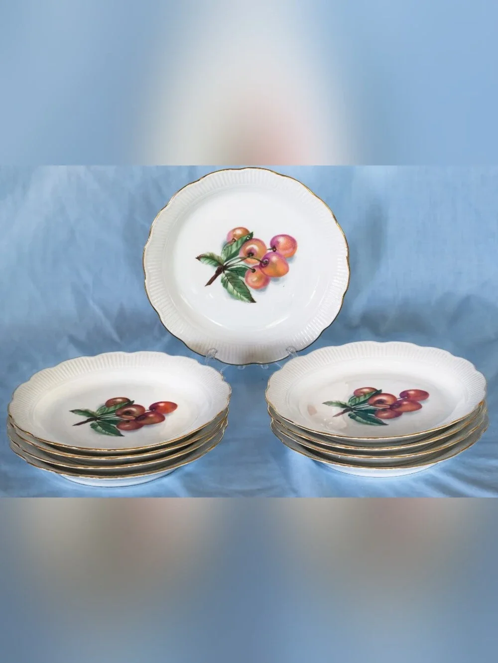 Beautiful Rare Vintage Chodziez Poland Dessert Plate Cherry Pattern - Set Of 9